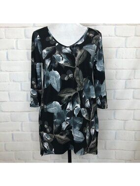 Clara Sun Woo Black Floral Stretch Knit Top Size XS 3/4 Sleeve